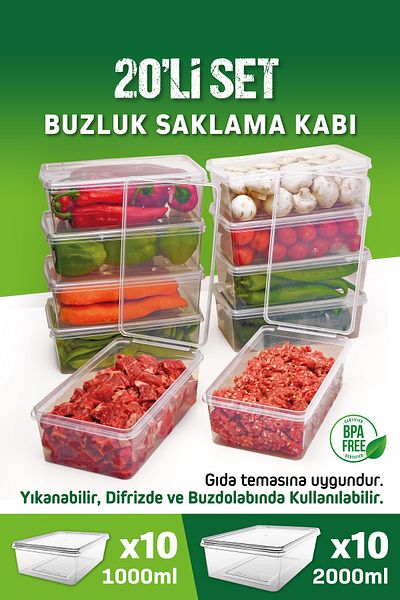OFFBOX 1 and 2 liter Capacity - set of 20 Freeze Freezer storage Containers with self Cover