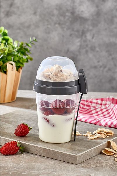 KaktüsKedi Snack Cup with Spoon and Fork - Food Carrying and Storage Container Anthracite