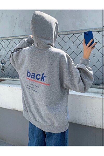 AFROGİYİM Γυναικεία κουκούλα με στάμπα σε γκρι πλάτη