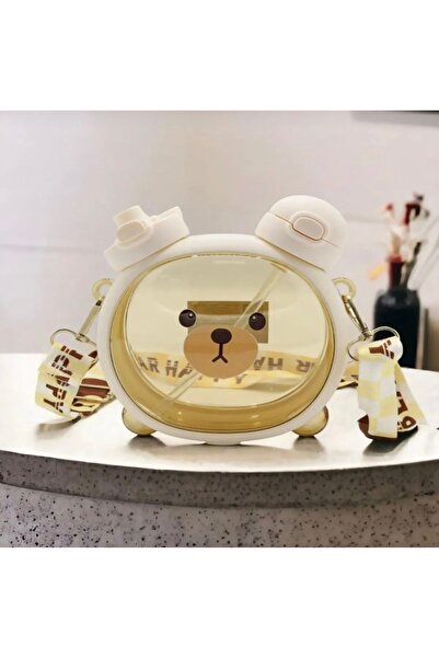 FASTSELLER Cute Teddy Bear Water Bottle, Double Lid, Children's Water Bottle with Straw Neck Hanging Water Bottle for School