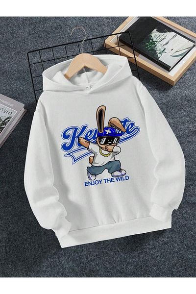 AFROGİYİM Γυναικεία λευκή μπλούζα Enjoy The Wild Printed Fleece Hooded Oversize φούτερ