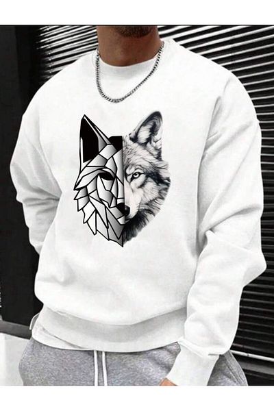 AFROGİYİM Φούτερ με στάμπα Unisex Wolf Design Oversize Crew Neck