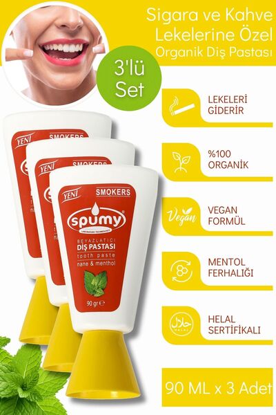 Spumy Sigara Ve Kahve Lekelerine Özel 3'lü Beyazlatıcı Organik Diş Pastası - 90 ml x 3