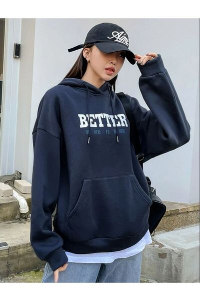 AFROGİYİM Women's Better Be Here Go Printed Cotton Hooded Sweatshirt