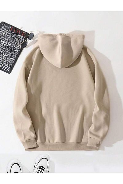 AFROGİYİM Unisex Los Angeles Beige εμπριμέ κουκούλα μεγάλου μεγέθους