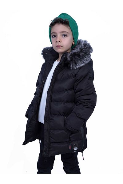 FREE ARSLAN COLLECTİON Palton pentru băiat, blană artificială, căptușită cu pluș, cu glugă detașabilă, haină neagră E1