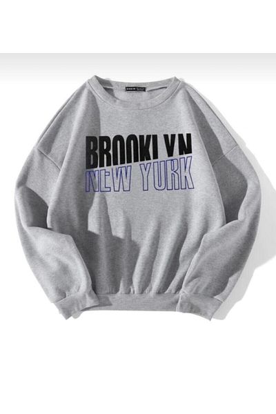 AFROGİYİM Women's Gray Oversize New York Brooklyn Printed Knitted Fleece Sweatshirt