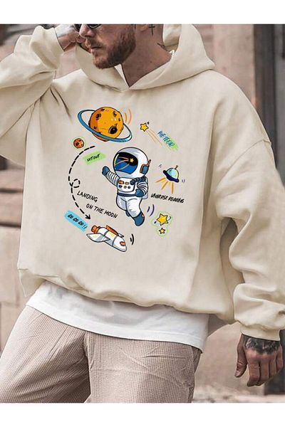 AFROGİYİM Unisex Μπροστινό Big Planet Astronaut Printed Oversize Hoodie