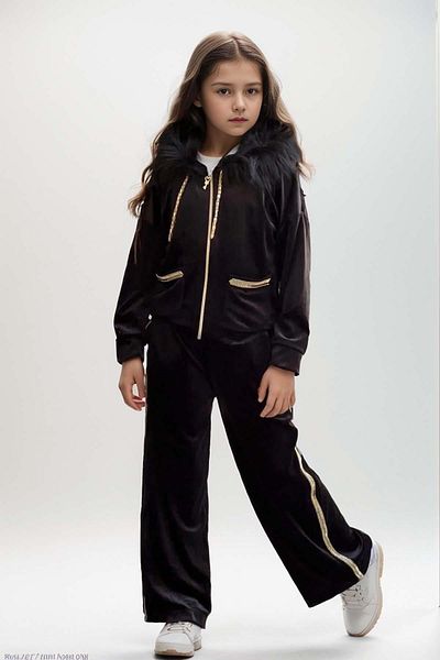Riccotarz Girl - Black Tracksuit Set with Gold Rope Detail and Fur Hood