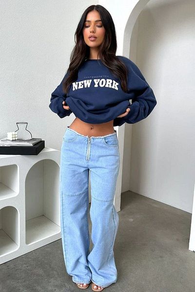 AFROGİYİM Women's Navy Blue New York Fetch Printed Crew Neck Sweatshirt