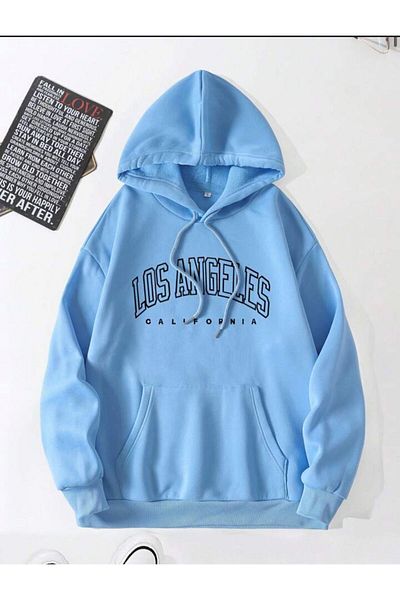 AFROGİYİM Unisex Los Angeles Baby Blue Printed Oversize Hoodie