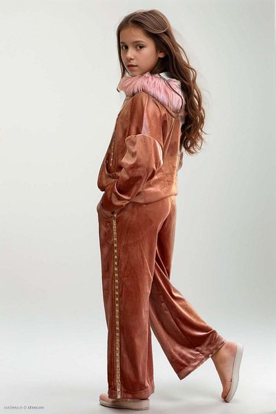 Riccotarz Κορίτσι - Σετ φόρμας Dusty Rose με κουκούλα από γούνα με χρυσό σχοινί και λεπτομέρεια