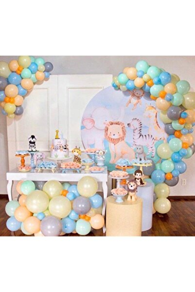 PEKSHOP Orman Konsept Pastel Sarı Mavi Somon Gri Turuncu Yeşil Balon Zinciri ...