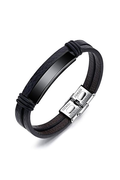 Chavin Men's Bracelet - Shiny Black Steel and Leather, Dy76Sy