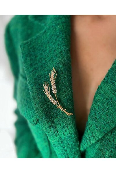 İNN JEWELLERY Zirkon Taşlı Buğday Figürlü Gold Çelik Broş