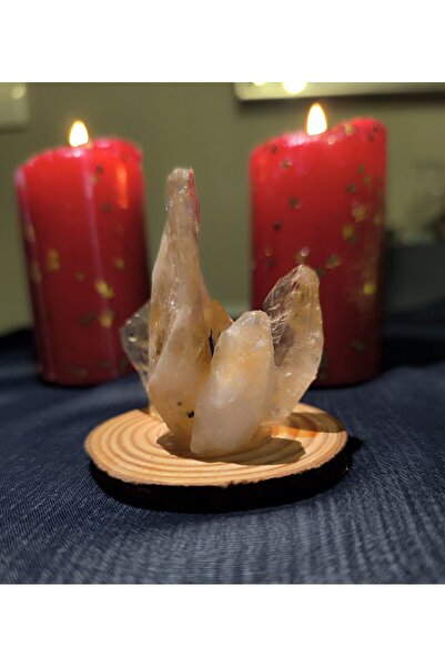 Sorsell Ticaret Özel Tasarım Ahşap Standlı Doğal Taş Biblo Sitrin Taşı