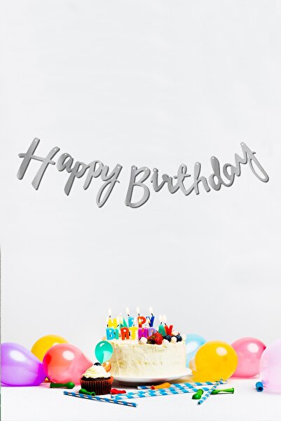 PEKSHOP Happy Birthday Gümüş Doğum Günü Banner Kaligrafi Banner Yazı Gümüş