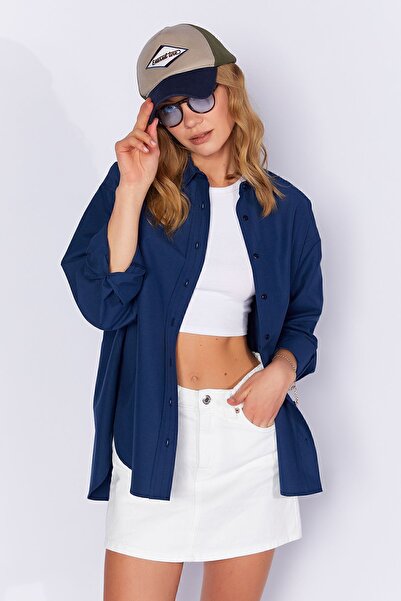 EDITION Comfortable Cut Navy Blue Poplin Women's Shirt - Additional100163867-...