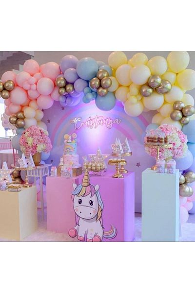 eğlencemarketi 100Pcs Unicorn Birthday Party Themed Mixed Macarons Chrome Balloon Set
