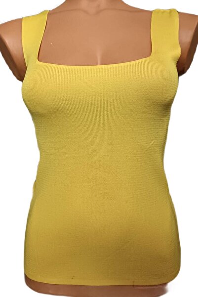 PEMBECİN Sarı Kare Yaka Atlet Triko Bluz Crop S / M / L Beden Uyumlu
