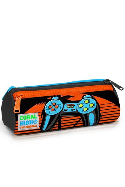 Yaygan Coral High Kids Gray-orange Gamer Patterned 3-compartment Pencil Bag - 22046