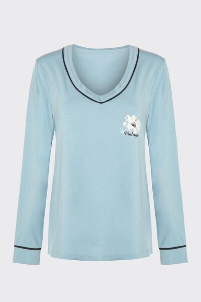 koza iç giyim Kadın V Yaka Çiçek Desenli Ara Biyeli Uzun Kollu Pamuklu Pijama Takımı