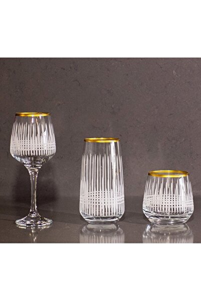 sudeka 18 Parça 6 Kişilik Üççember El Dekor Kesme Gold Cam Su Bardak Takımı,Meşrubat Bardağı Seti