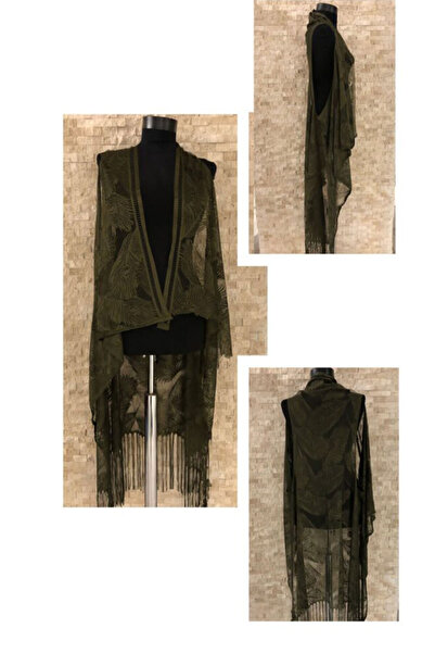 PEMBECİN Pareo Dantel Yelek Mayo Bikini Üzeri Yaprak Desenli Püsküllü Plaj Elbise