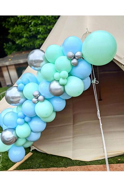 eğlencemarketi Chrome Silver Mint Green And Macaron Blue Balloon Chain 100 Pieces