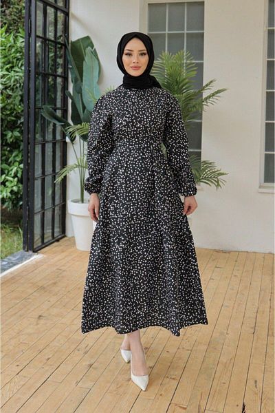 etto park Black Floral Print Layered Linen Hijab Dress (130) cm