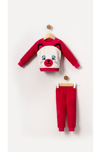 Bubito Fleece Set with Cat Image for Baby Girl and Child - Red