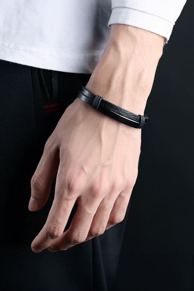 Chavin Men's Bracelet - Shiny Black Steel and Leather, Dy76Sy