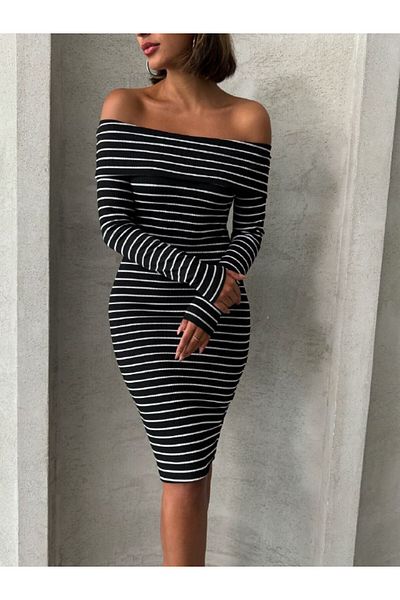 khar Rochie mini tricotată elastică cu dungi cu decolteu madona