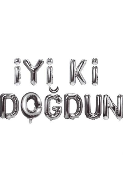 eğlencemarketi Silver Color Happy Birthday Foil Balloon Set
