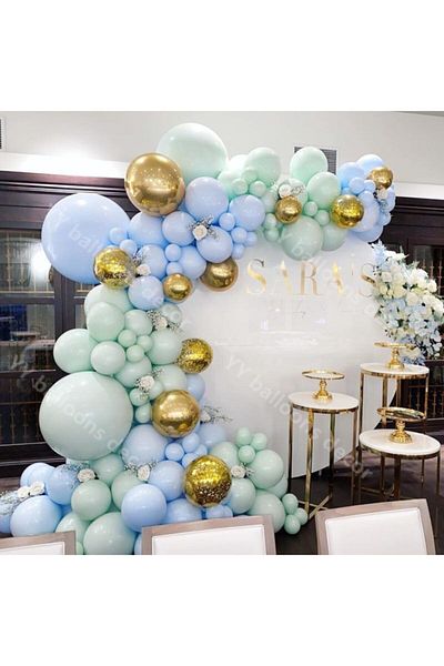 eğlencemarketi Chrome Gold Macaron Blue and Mint Green Balloon Chain 100 Pieces