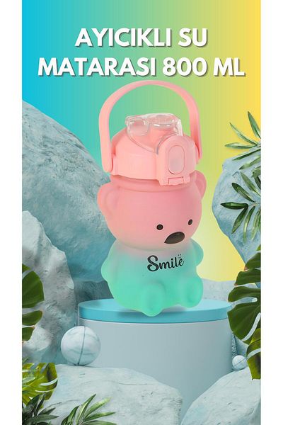 hak-iş oyuncak 800 ml Pink Teddy Bear Water Bottle - Water Bottle with Teddy Bear and Figured Bottle