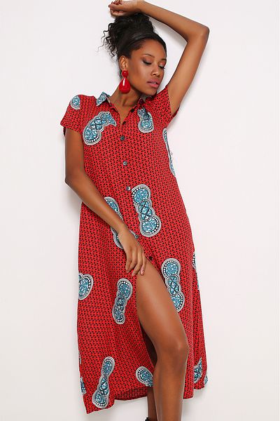 AVORWE Shirt Collar Short Sleeve Button Front Long Dress