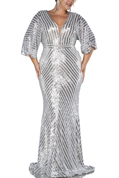 Arden Silver Colored Long Fish Sequin Sequined V-Neck Plus Size Evening Dress - Wedding and Graduation Dress 46-56