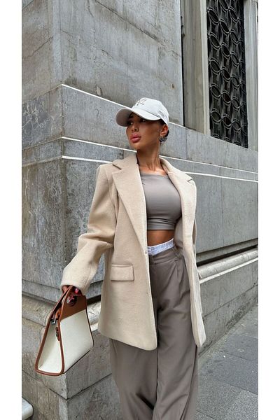 FMN Moda Jachetă oversize, căptușită cu ștampilă, cu un singur nasture, de lungime medie