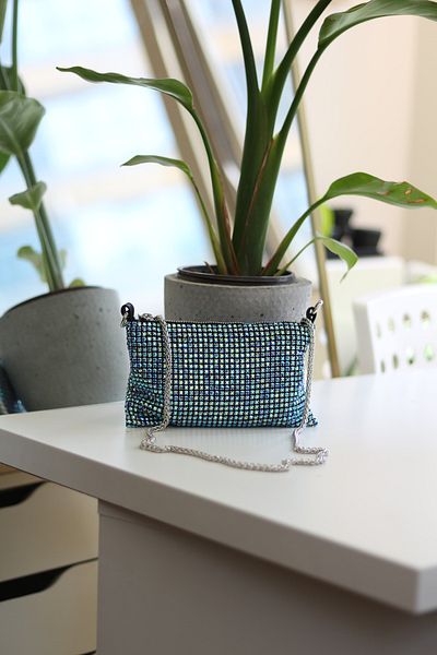 Moom Bag Μπλε Shiny Stone - Γυναικείο βραδινό φόρεμα τσάντα ώμου με αλυσίδα