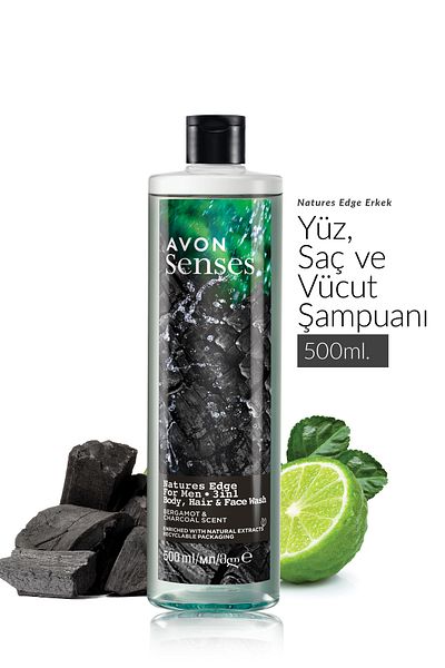 AVON Senses Natures Edge Hair Body and Face Wash for Men 500 Ml.