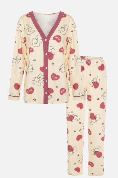koza iç giyim Women's Teddy Bear Patterned Band Detailed Buttoned Pajamas Set
