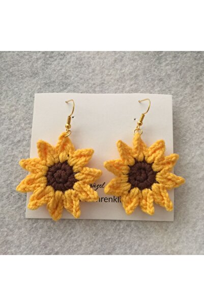 NET OPTİK En Boy 3cm El Örgüsü Renkler Kahve Sarı Ay Çiçeği Sarı Bujiteri Küpe