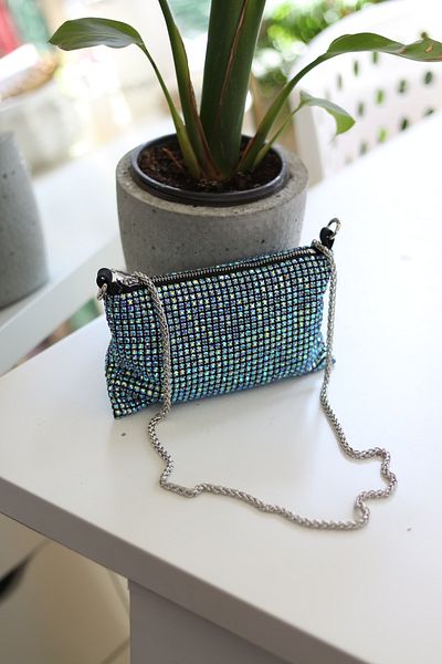 Moom Bag Μπλε Shiny Stone - Γυναικείο βραδινό φόρεμα τσάντα ώμου με αλυσίδα
