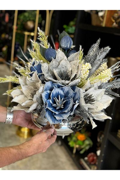 TASARIMHMODA Vază plată argintie - cu aranjament de flori artificiale, nr:23