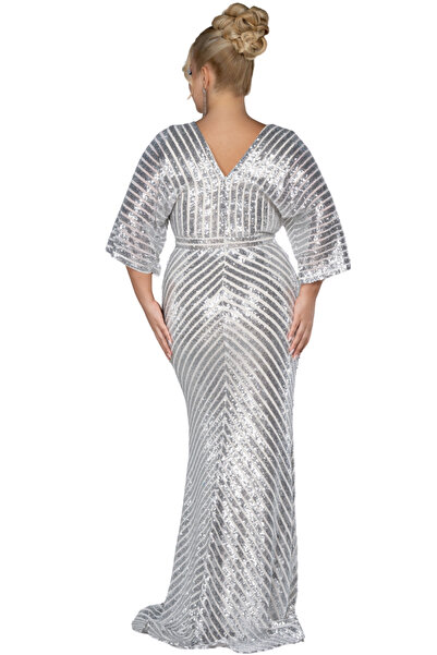 Arden Silver Colored Long Fish Sequin Sequined V-Neck Plus Size Evening Dress - Wedding and Graduation Dress 46-56