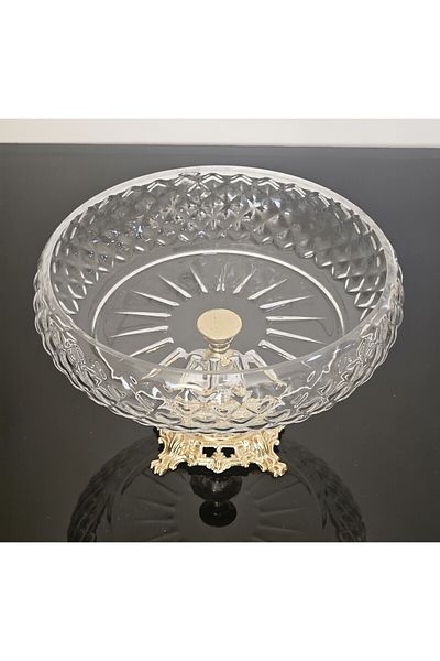 Paşabahçe Lotus Crystal 24 Cm Cut Decor Gold Foot Salad Bowl Glass Presentation Holder (READ THE DESCRIPTION)
