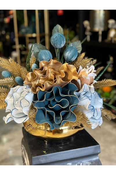 TASARIMHMODA Gold Flat Vase - Artificial Flower Arrangement, No:7