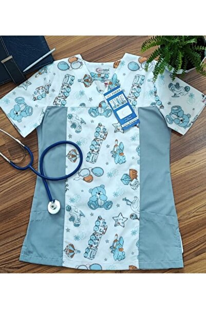 IG Yanları Gri Açık Mavi Ayıcık Desenli Doktor Hemşire Cerrahi Hastane Tek Üs...