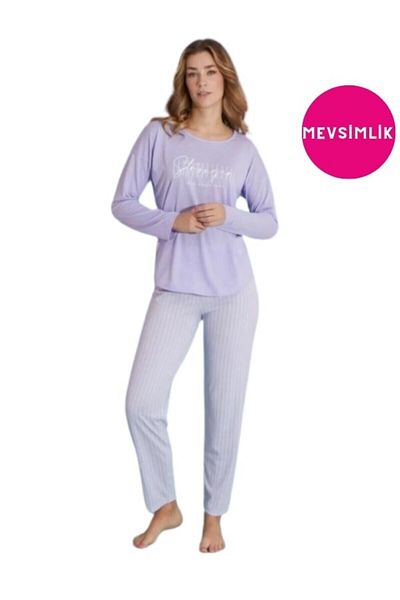 bie's Lilac White Striped Viscose Pajamas Set - Round Neck, Off Shoulder, Long Sleeve